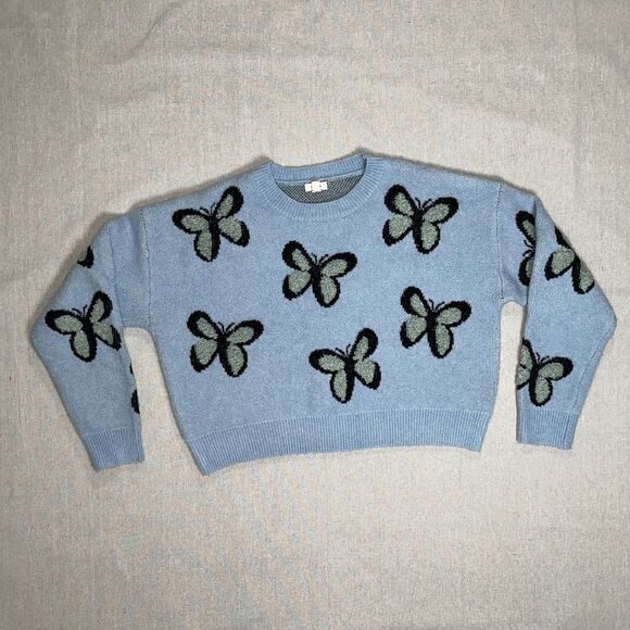 Debut - Blue Jacquard Butterfly Crew Neck Cropped Sweater - Medium - Picture 3 of 9
